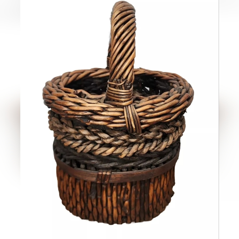 Heavy Vtg Hand Crafted Wicker Wood Rattan Basket Wine Bottle Tall Tricolor EUC